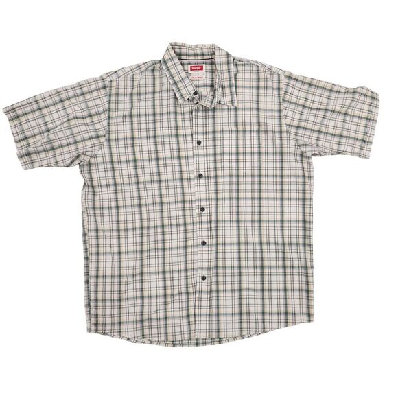 Wrangler Flex Button Up Shirt, Short Sleeve,‎ Green Tan White Plaid, Men's XL - Picture 1 of 5